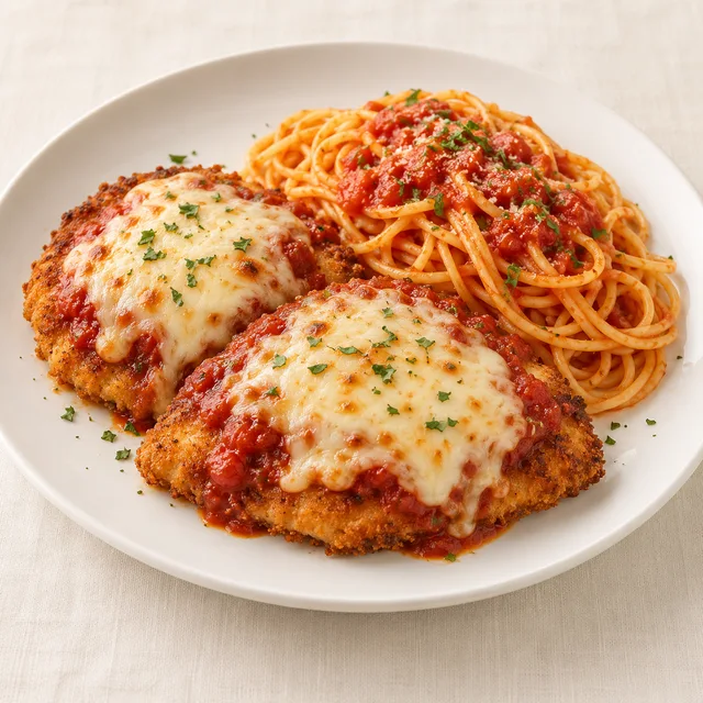 Chicken Parmigiana with spaghetti — AI food illustration