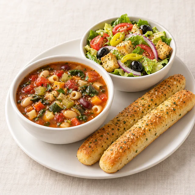 Soup, salad and garlic breadsticks — AI food illustration